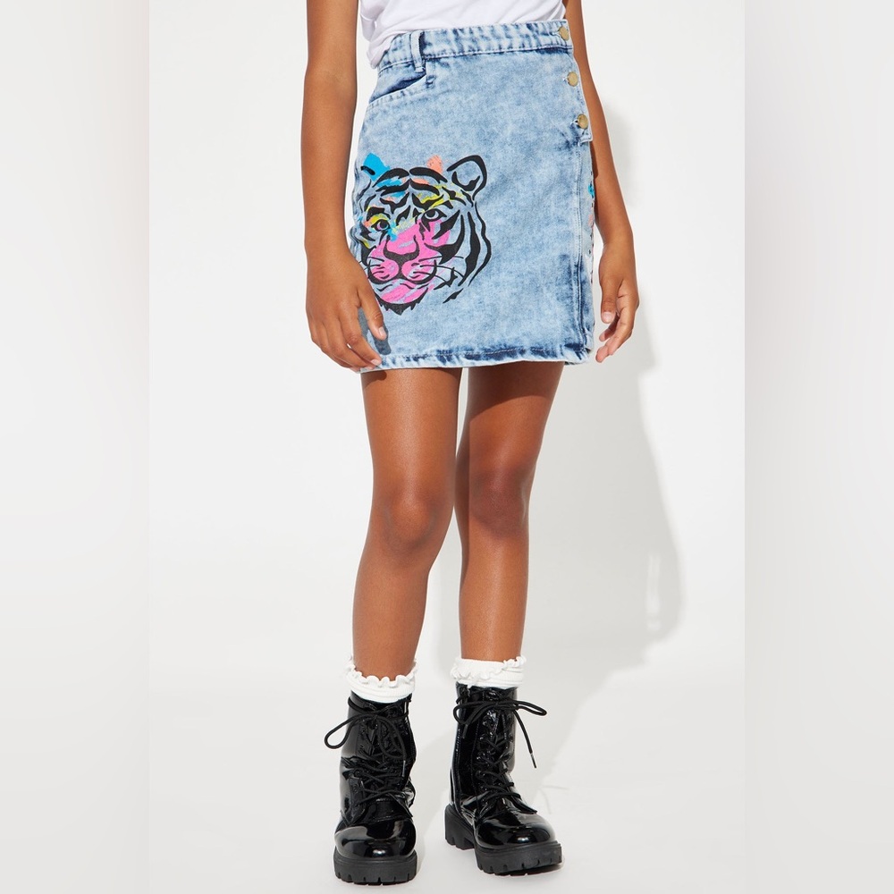 Mini Fierce Tiger Mock Wrap Denim Mini Skirt - Light Wash
